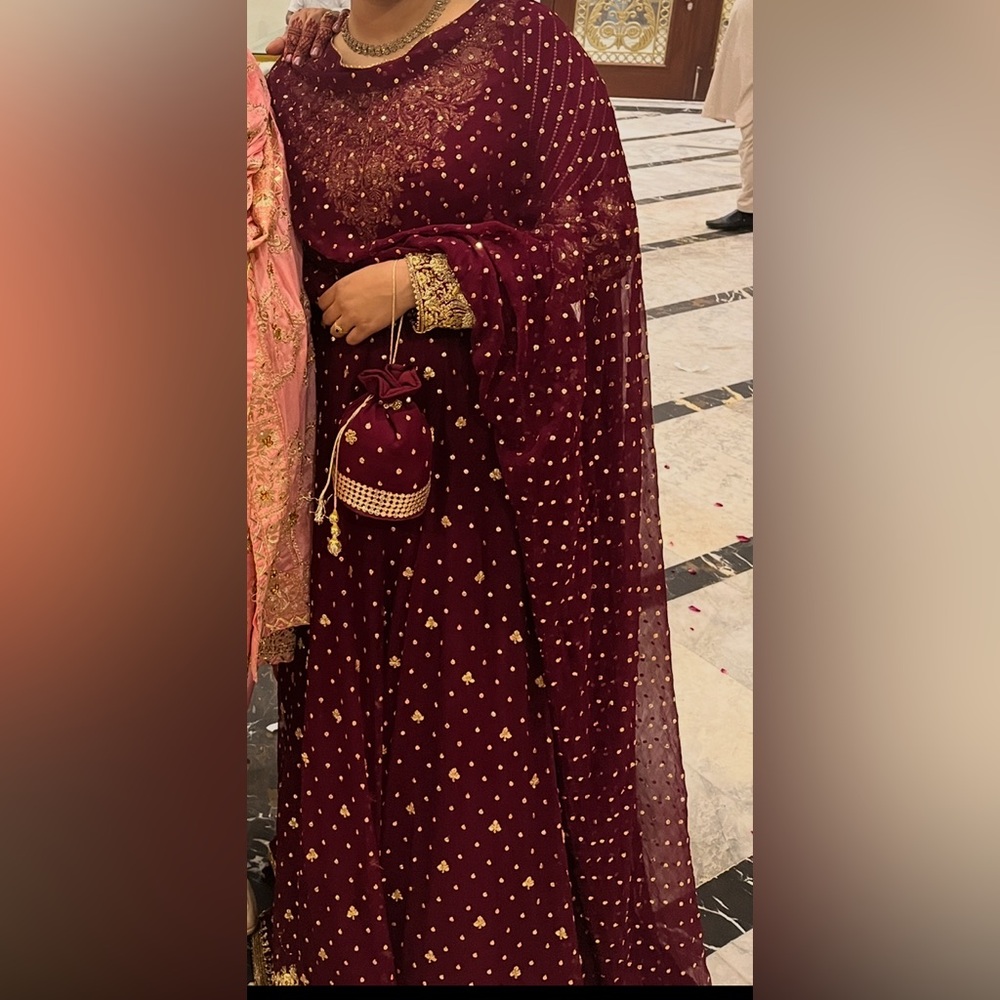 Elegant Maroon and Gold Embellished Dress with Matching Pouch - BRIDAL DESI